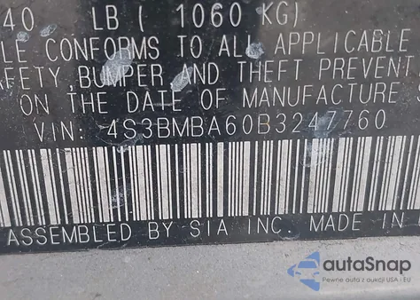 2011 Subaru Legacy 2.5I из США, поврежденный, VIN 4S3BMBA60B3247760